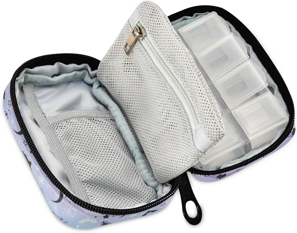 Pill Box Purple Bat Moon 7 Day Pill Case Travel Pill Organizer Bag with Zipper Portable Weekly Vitamin Medicine Supplement Holder Pouch Bag 3