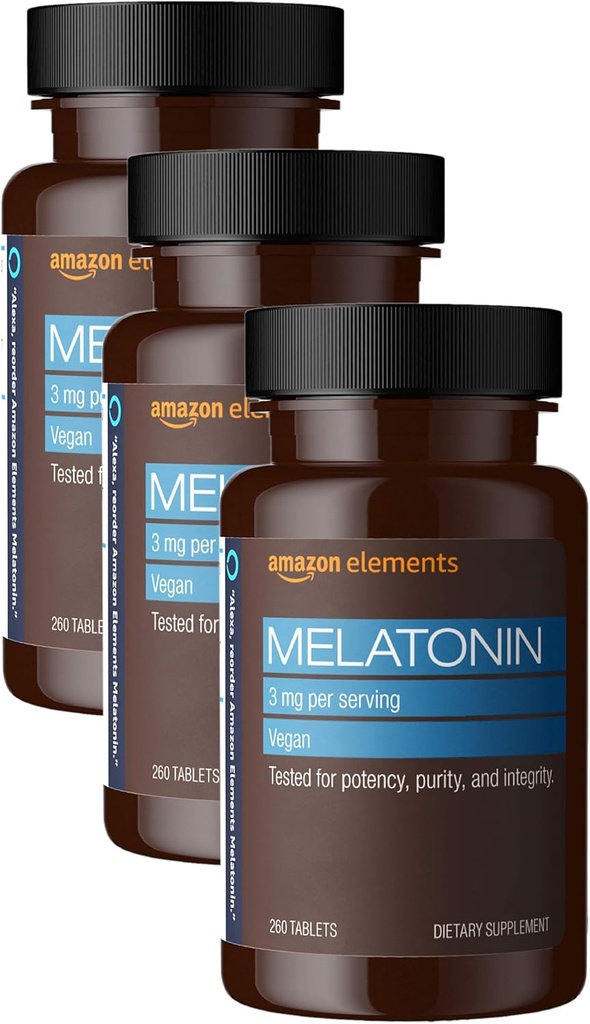 Elements Melatonin 3mg, Helps with Occasional sleeplessness, Vegan, Unflavored, 260 Tablets, 8 Month Supply (Packaging May Vary) (Pack of 3) 2
