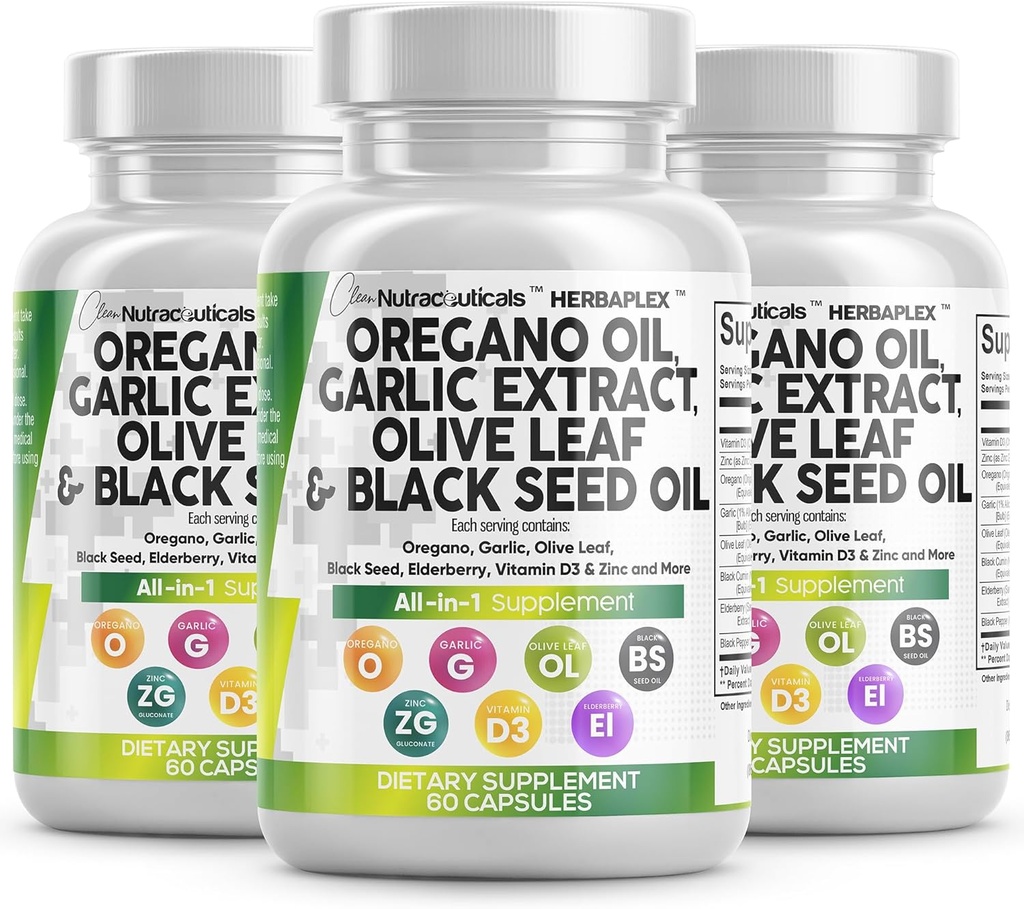 Clean Nutraceuticals Oregano Oil Garlic Extract Olive Leaf Black Seed Oil - Immune Support & Digestive Health Supplement for Women and Men with Vitamin D3 & Zinc - 3Pack 2