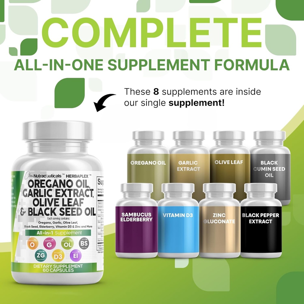 Clean Nutraceuticals Oregano Oil Garlic Extract Olive Leaf Black Seed Oil - Immune Support & Digestive Health Supplement for Women and Men with Vitamin D3 & Zinc - 3Pack 3
