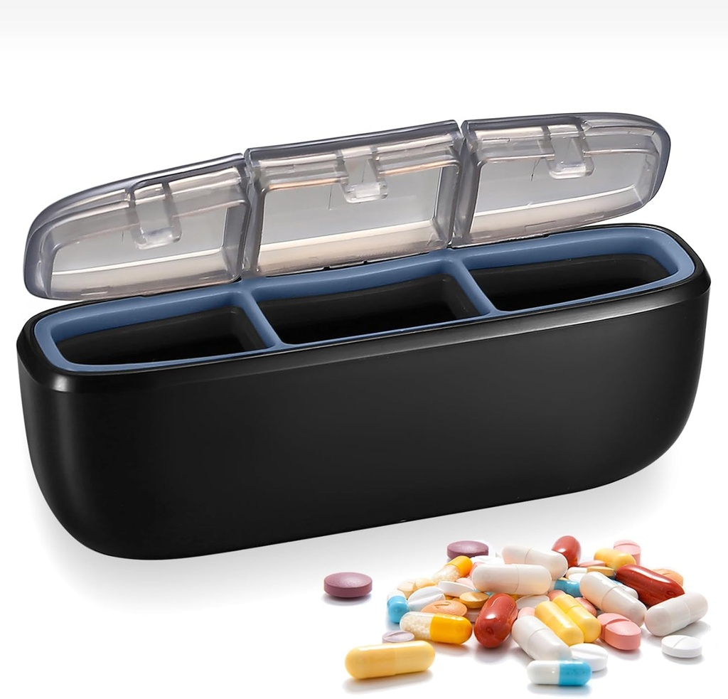 3 Compartment Waterproof Travel Pill Organizer, Portable Pill Box for Outdoor Travel Camping, Holder for Vitamins, Pills, Fish Oil, Supplements, Supplements (Black) 2