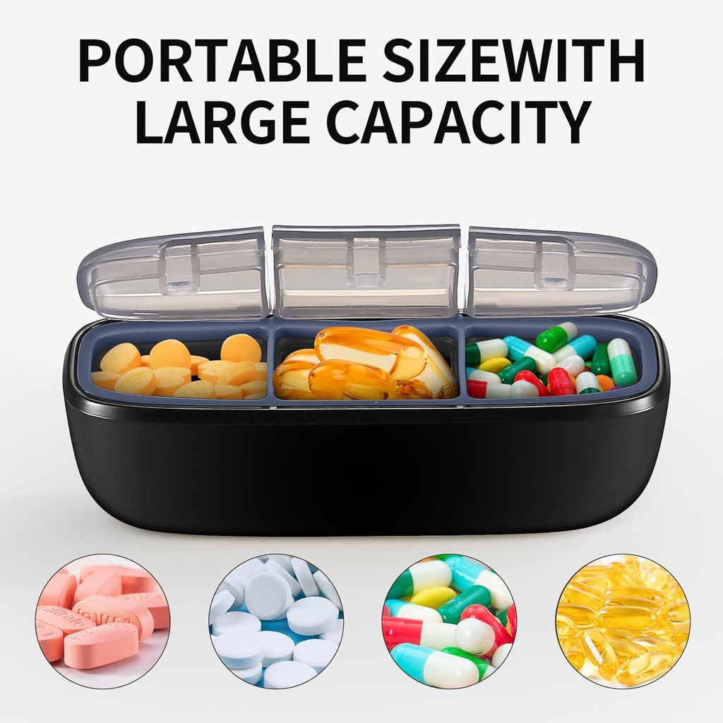 3 Compartment Waterproof Travel Pill Organizer, Portable Pill Box for Outdoor Travel Camping, Holder for Vitamins, Pills, Fish Oil, Supplements, Supplements (Black) 5