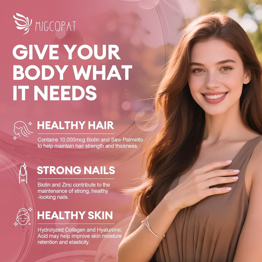 Hair Skin and Nails Vitamins with Biotin, Collagen & Hyaluronic Acid, Supports Healthy Hair Growth, Strong Nails & Glowing Skin, Biotin Supplement with Vitamins A, C, D3, E, B Complex & Minerals 5