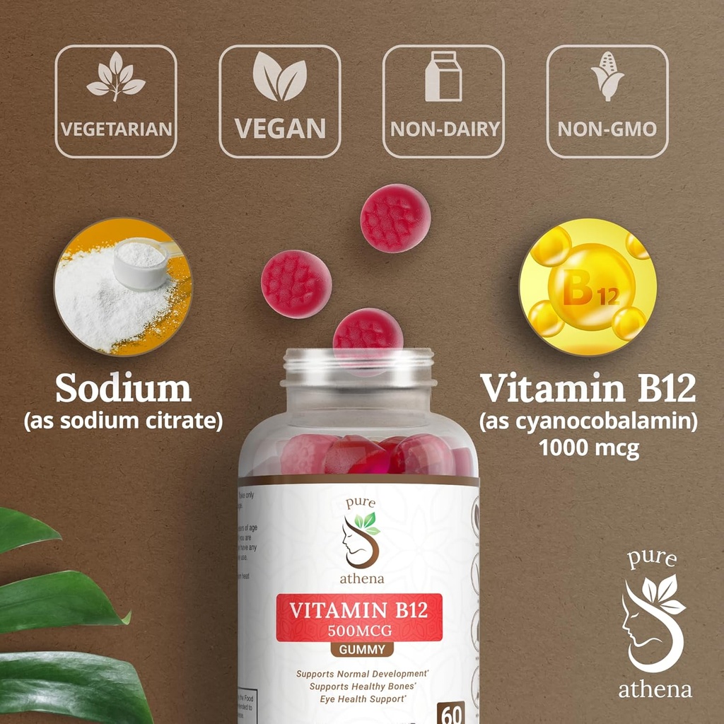 Vitamin B12 Gummy Energy Vitamins - Vitamin B12 Gummies for Adults 1000mcg W/Sodium - Energy Gummies That Support Bone Health W/Immune Support - 60 Raspberry Flavored Gummies 5