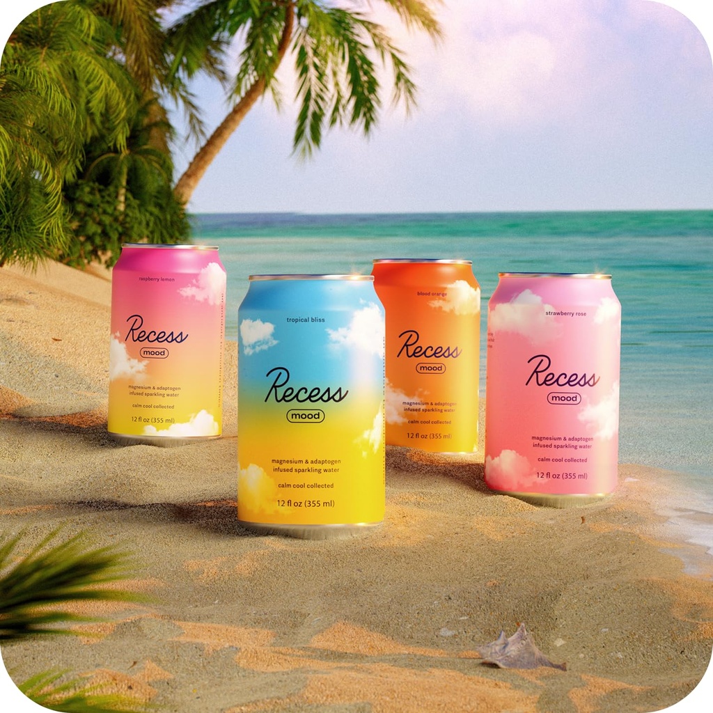 Recess Mood Magnesium & Adaptogen Drink, Relaxation Beverage, 12 Ounce (Paradise Sampler Variety Pack, 12 Pack) 4