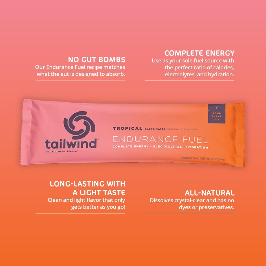 Tailwind Nutrition Endurance Fuel, Caffeine Drink Powder Mix Single Serving with Electrolytes, Non-GMO, Free of Soy, Dairy, and Gluten, Vegan-Friendly, Tropical Buzz, Pack of 12 3