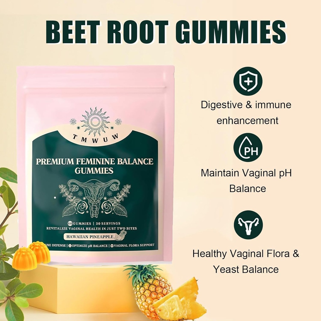 Premium Feminine Balance Gummies, Immune Support,Vegan, Gluten-Free,Hawaiian Pineapple,for Women’s Health & Wellness,60 Gummies - 30 Servings (1) 3