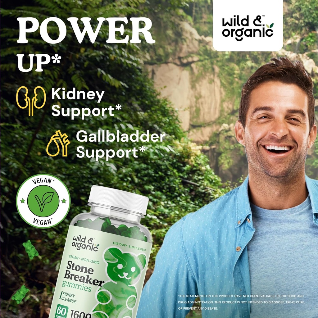 Wild & Organic Chanca Piedra Stone Breaker Gummies 1600mg - Kidney Cleanse Detox & Gallbladder Support - Kidney Stones Dissolver w/Chanca Piedra Herb - 60 Vegan Gummies 3