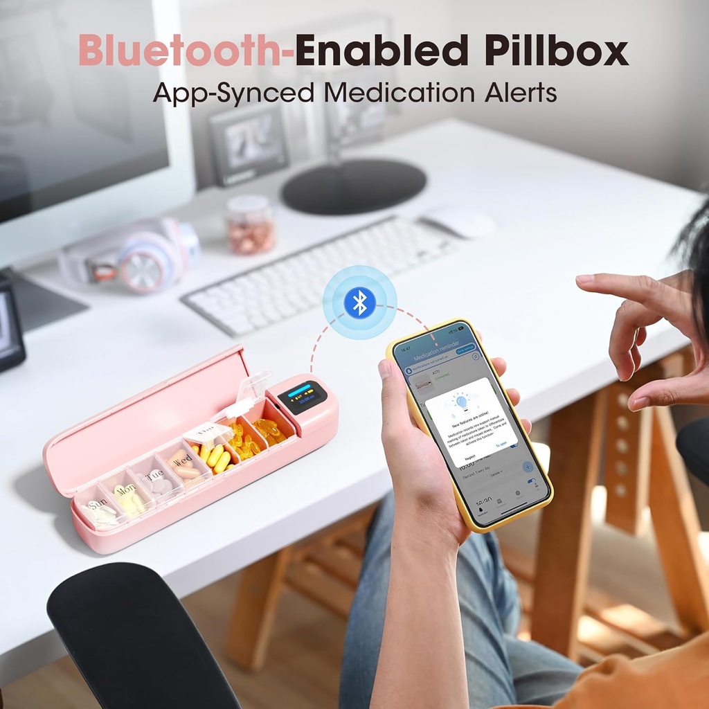 Daviky Automatic Pill Dispenser, Smart Pill Organizer with Alarm, Pill Box 7 Day with APP, Weekly Travel Pill Case, Portable Pill Reminder for Medicines, Supplements and Vitamins (Pink) 4