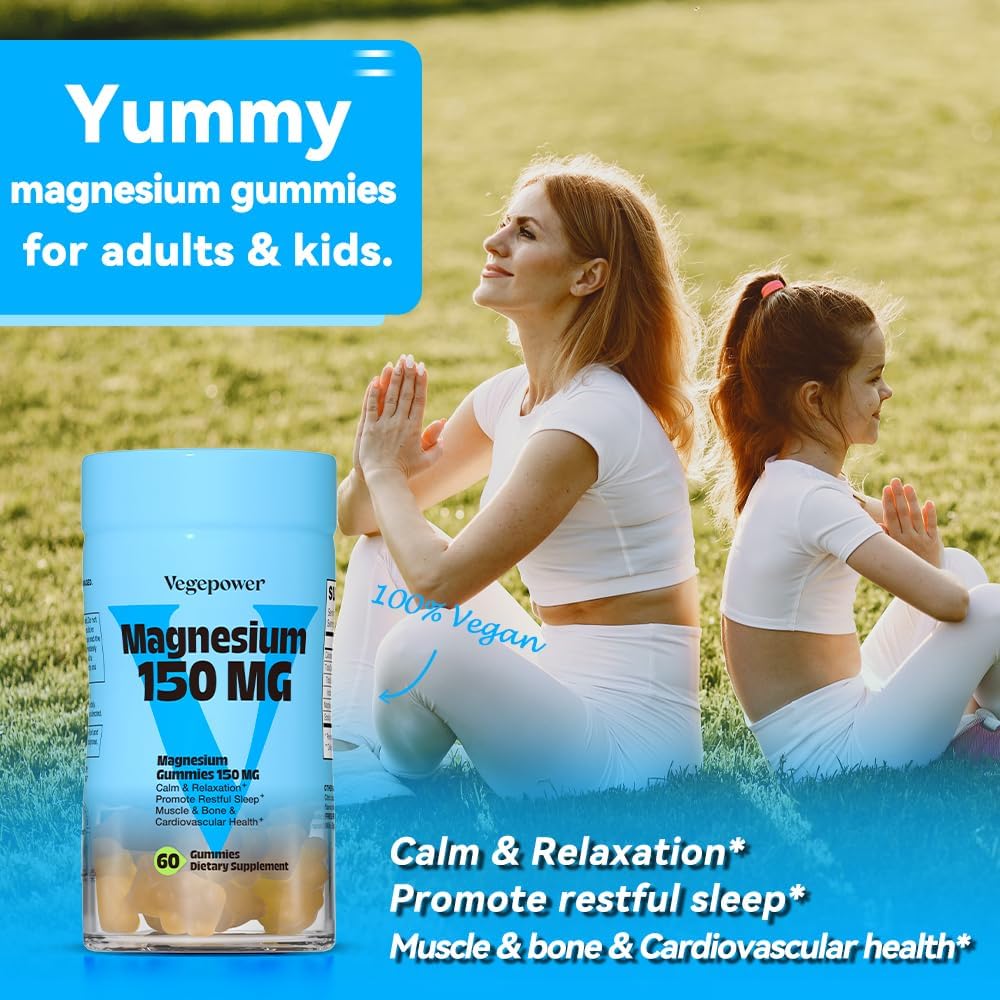 Vegan Magnesium Citrate Gummies, 150mg Magnesium Gummies for Adults & Kids, High Absorption Calm Magnesium Supplement for Sleep, Muscle Relax, Nerve and Bone Health, Gluten Free, Non-GMO, 60 Gummies 3
