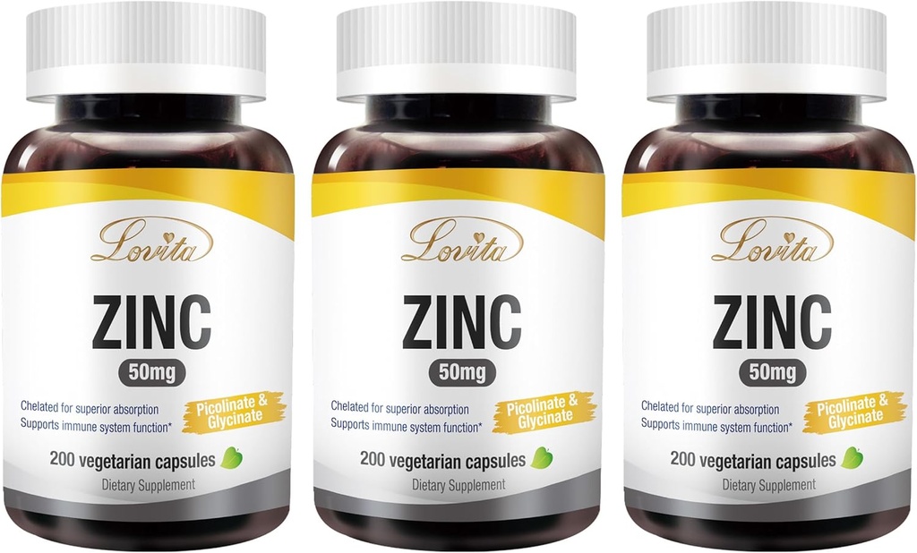 LOVITA Zinc 50mg | Potent Highly-Absorbed Chelated Zinc Supplements, Picolinate & Bisglycinate | Vegan, Gluten Free, non-GMO | For Immune, Antioxidant Support & Healthy Skin | 200 Capsules (Pack of 3) 2