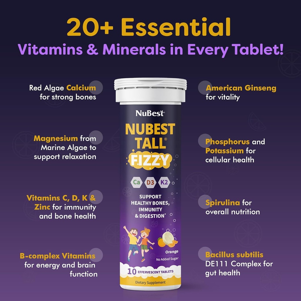 NuBest Tall Fizzy - Bone Strength, Immunity, Digestive Health for Kids Age 4+ & Teens | Probiotic, Calcium, Magnesium from Red Marine Algae, Vitamins | 10 Orange Effervescent Tablets | 2 Weeks Supply 3