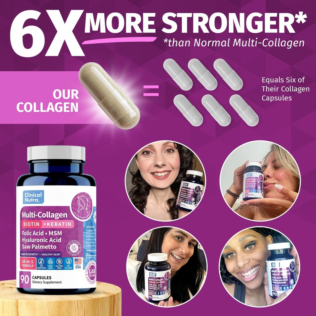 Collagen Peptides l Biotin l Keratin l Hyaluronic Acid l Saw Palmetto - Hair Growth Vitamins for Women and Men Supplement - Dht Blocker Supplements 90 Capsules USA Made 3