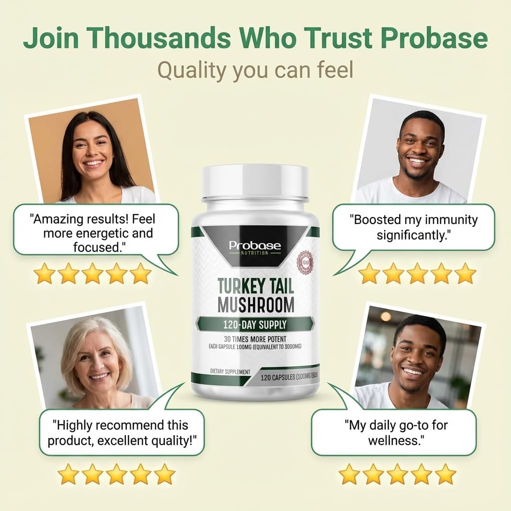 Probase Nutrition Premium Turkey Tail Mushroom Capsules Turkey Tail Supplement with Real Mushroom Extract Coriolus Versicolor 4 Month Supply 120 Capsules 4