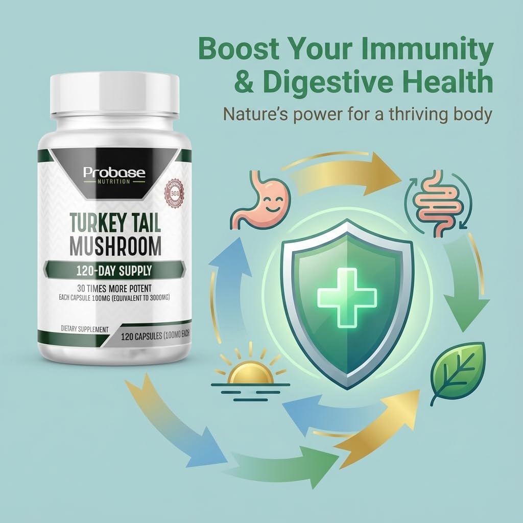 Probase Nutrition Premium Turkey Tail Mushroom Capsules Turkey Tail Supplement with Real Mushroom Extract Coriolus Versicolor 4 Month Supply 120 Capsules 5