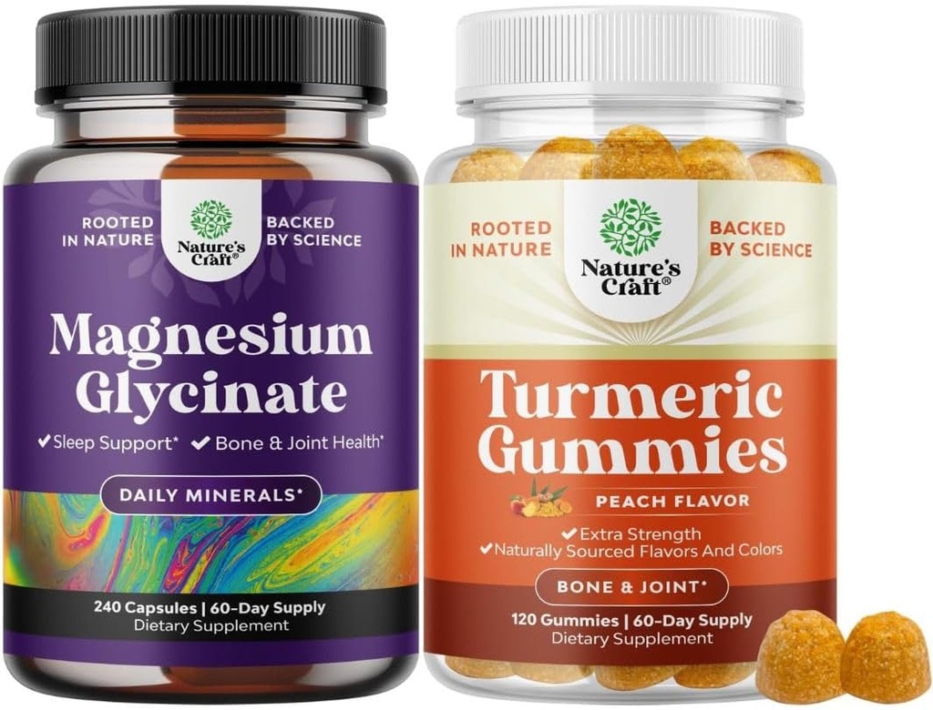 Bundle of Pure Magnesium Glycinate 400mg Per Serving for Mood Sleep and Relaxation 240ct and Turmeric Gummies for Adults Peach Flavor - Extra Strength Joint Support Gummies 2