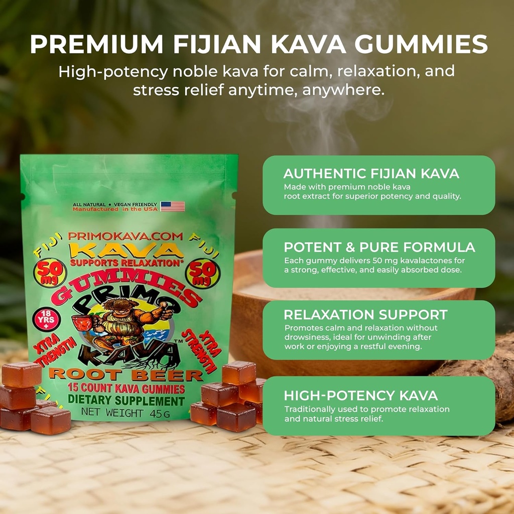 Kava Kava Gummies 50mg – Strong Noble Kava with 50mg Kavalactones for Calm & Relaxation – Alcohol-Free – Fast-Acting Fiji Kava Root Extract – Root Beer Flavor – 15 Count 4
