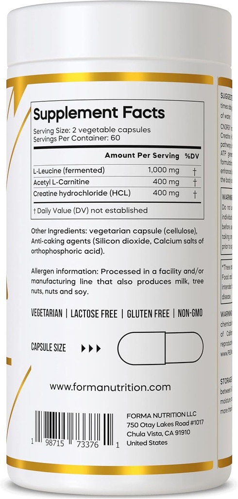 Forma Nutrition Advanced CN3RGY – 120 Capsules, 1000mg L-Leucine, 400mg L-Carnitine, 400mg Creatine HCl per Serving. 3