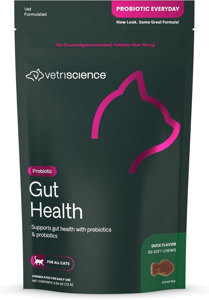 VetriScience Gut Health Chews, Probiotic Everyday Digestive Supplement for Cats, Pet Probiotics for Digestion Support, Gas and Diarrhea, Immune Support, 120 Million CFU Per Chew, Duck, 60 Count 2