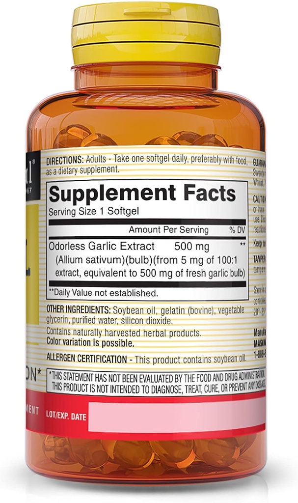 MASON NATURAL Garlic Oil 500 mg Odorless Allium Sativum Supplement – Supports General Wellness, 100 Softgels (Pack of 3) 3