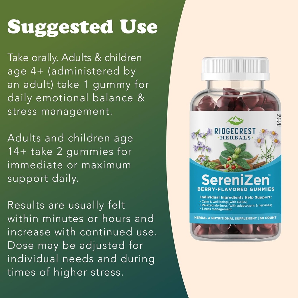RidgeCrest Herbals SereniZen Gummies with Ashwagandha, GABA, L-Theanine, Chamomile & Lemon Balm, Supports Relaxation & Calm, Stress Management, Sleep. Daily Health Supplement, 60 Ct, 1-2 Month Supply 4