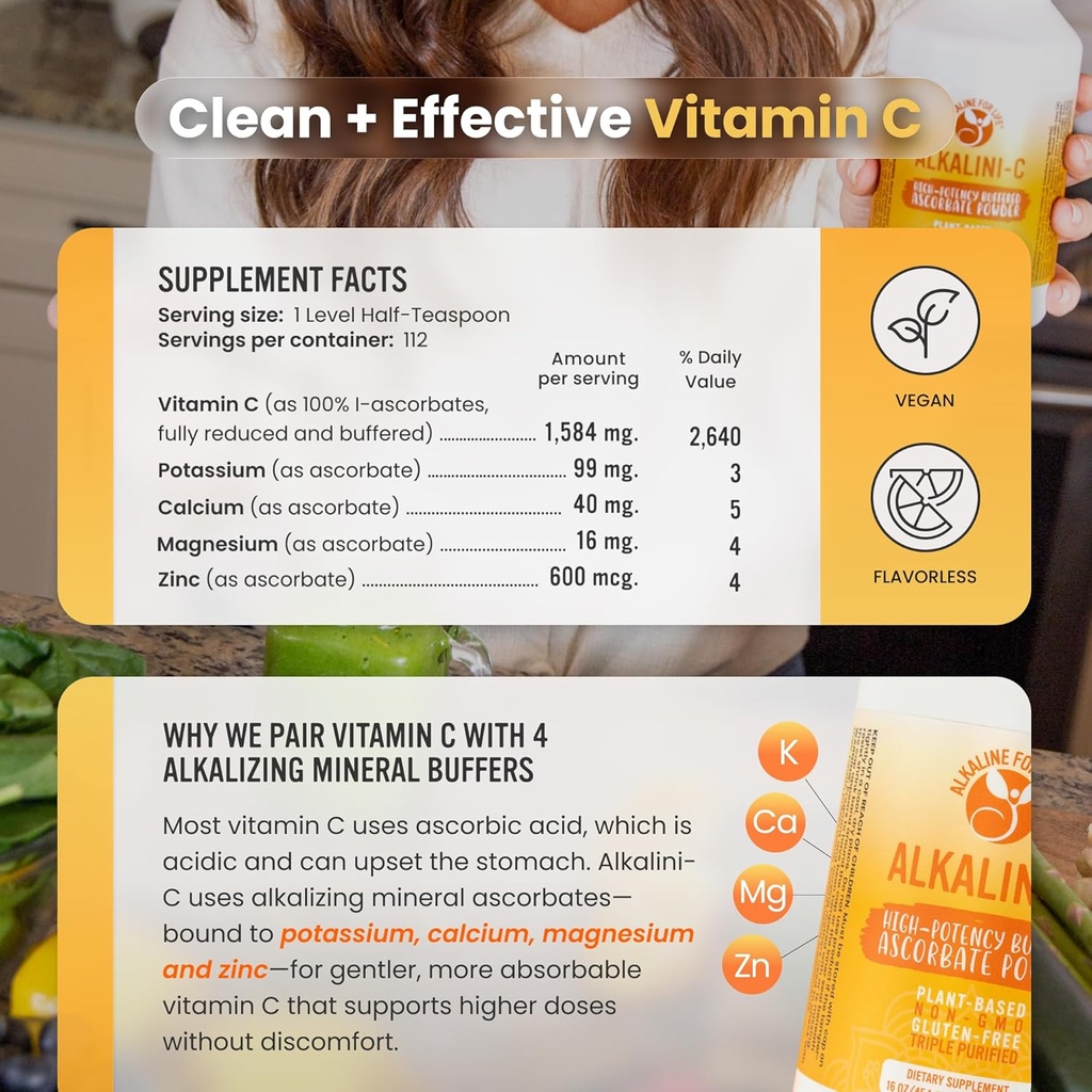 Alkalini-C Vitamin C Powder Supplement, Potent Natural L-Ascorbate Vit C Powder 1500mg, Corn-Free Non-GMO VIT C, Buffered Vitamin C Enhanced Absorption, 100% Pure Form, Immune Support Supplement 16oz 4