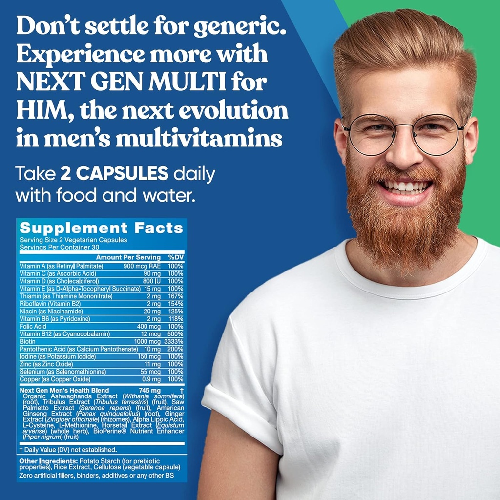 Next Gen Multi for Him Advanced Men’s Multivitamin Supplement – 26-in-1 Multiblend for Beard & Hair Growth, Men’s Reproductive Health, Metabolism, Heart, Skin, Prostate Support, More – 60 Veg Capsules 4
