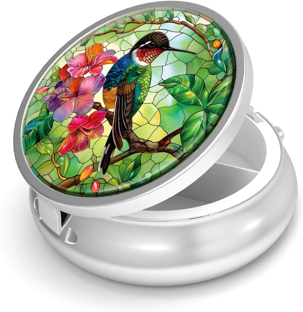 Pill Box-3 Compartment Small Pill Case for Purse & Pocket Mini Metal Pill Holder Travel Pill Container to Hold Supplements Vitamins BPA-Free (Hummingbird) 2