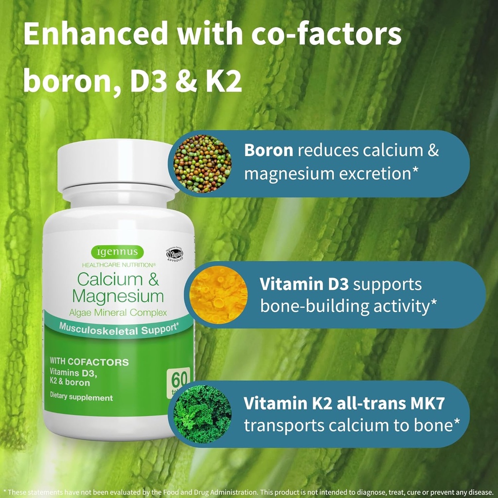 Igennus Algae Calcium & Magnesium Supplement, Plant Based, High Absorption, K2 & D3, Non-GMO Red Algae Mineral Complex for Bone & Teeth Support, for Women and Men, with Boron, Vegan, 6 x 60 Tablets 5