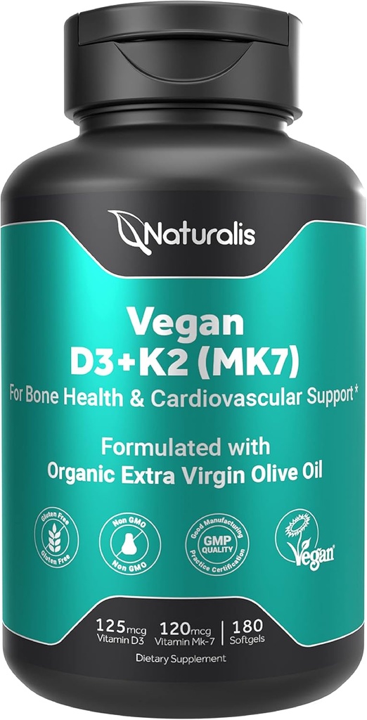 Naturalis Vegan Vitamin D3 + K2 with Extra Virgin Olive Oil | 5000iu Vitamin D with 120mcg MK7 Vitamin K | Better Support for Bone & Immune Health | Vegan Society Certified 180 Softgels 2
