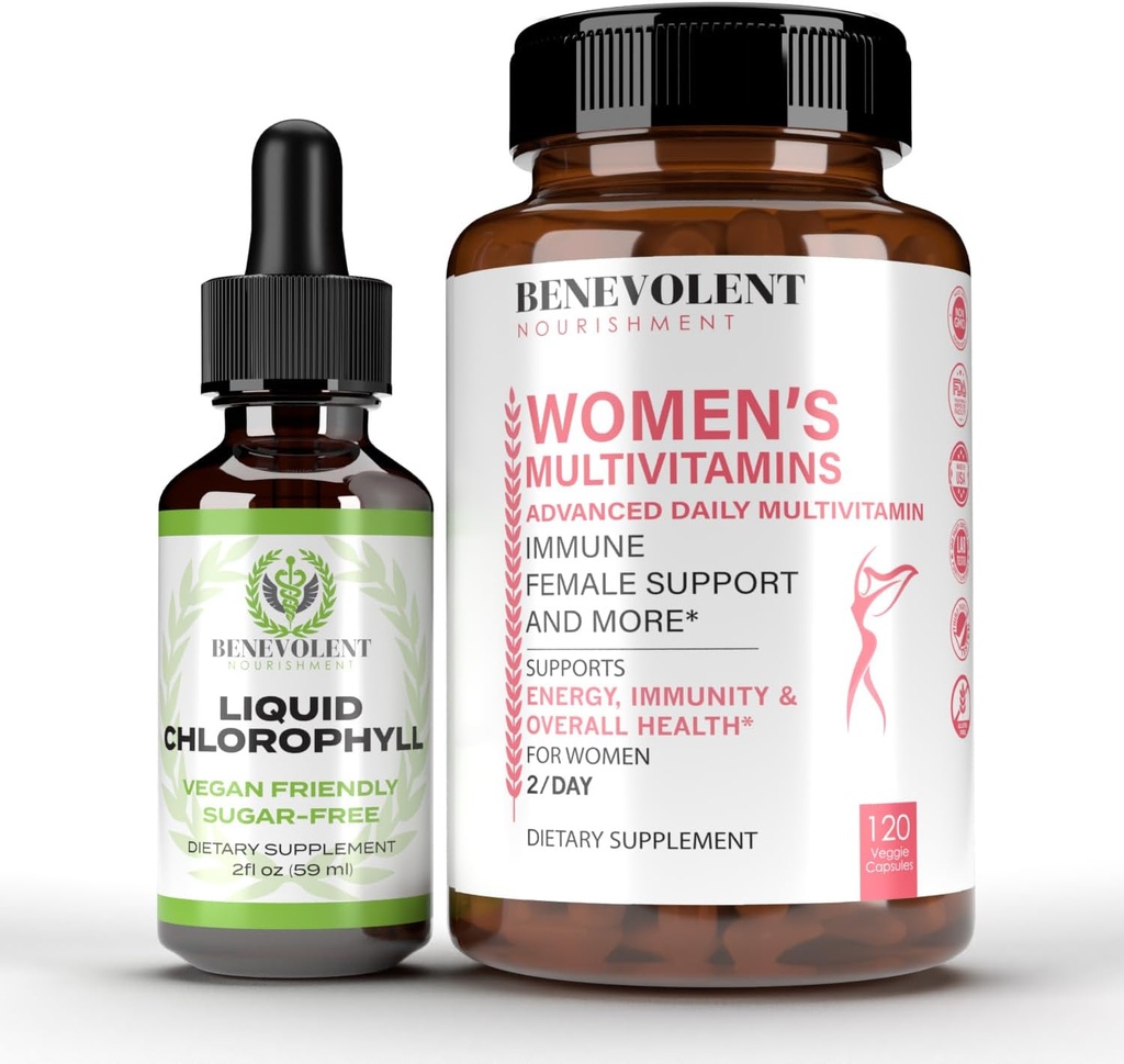Benevolent Chlorophyll Liquid Drops & Women's Multivitamin - 100% Natural + 4X Potency Concentration for Healthy Skin & Internal Deodorant - Daily Vitamins for Women with Biotin, Calcium, Magnesium 2