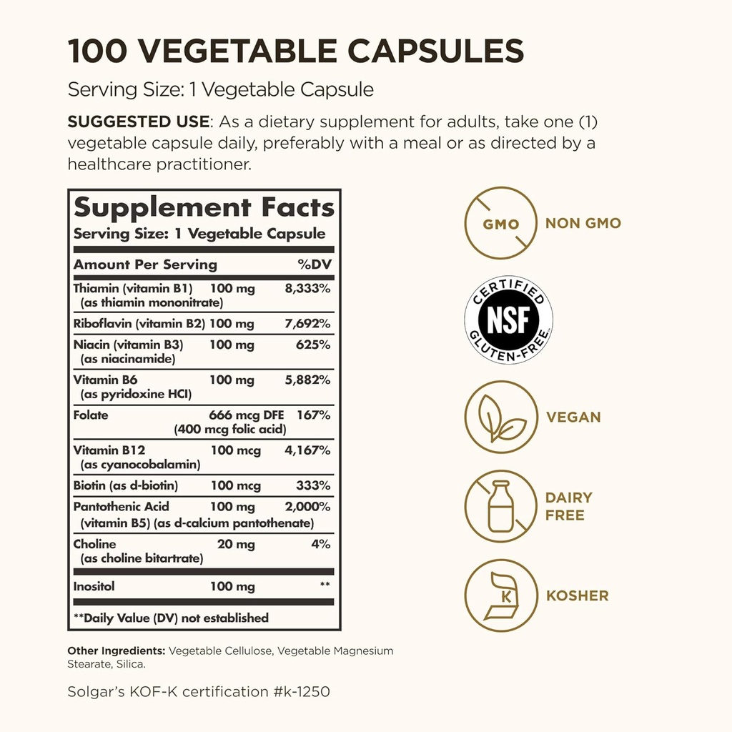Solgar B-Complex "100", 150 Vegetable Capsules - Nervous System Support - Supports Energy Metabolism - Non-GMO, Vegan, Gluten Free, Dairy Free, Kosher - 150 Servings 3
