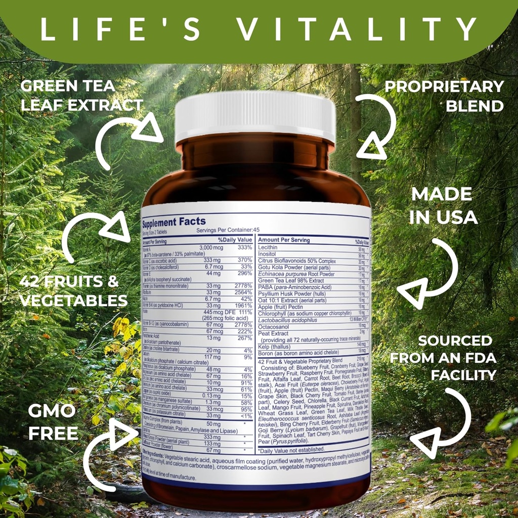 Life's Vitality Vegan Multivitamin for Men & Women – Non-GMO Formula with 42 Fruits and Vegetables, Daily Multivitamin and Mineral Complex with Vitamin D for Immune Support, 90 Tablets 6