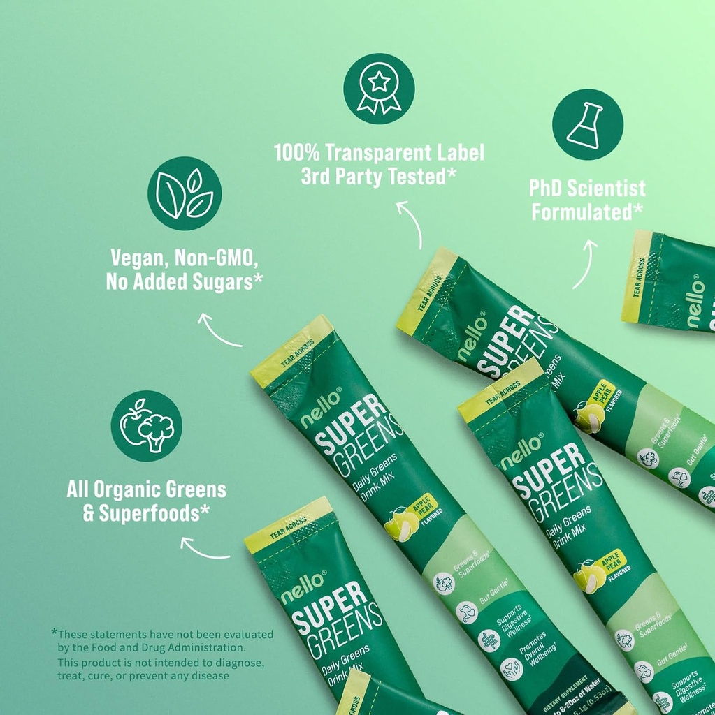 Nello Supergreens Premium Superfood Greens Drink Mix w/Chlorella, Moringa, Spinach & Broccoli + Digestive Enzymes & Probiotic Blend -Nutrient-Packed Powder Wellness (Mango Peach, 20 SRV, Travel Pack) 4