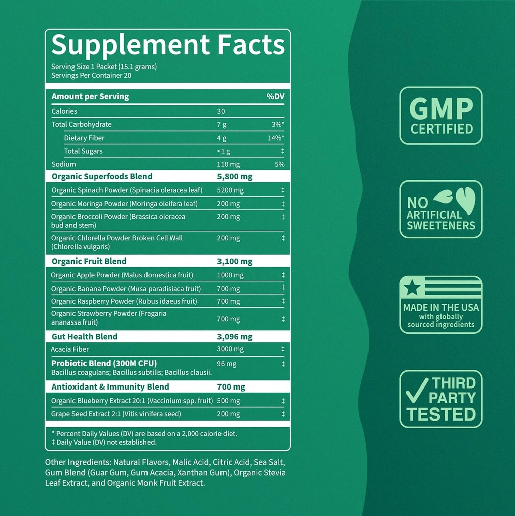 Nello Supergreens Premium Superfood Greens Drink Mix w/Chlorella, Moringa, Spinach & Broccoli + Digestive Enzymes & Probiotic Blend -Nutrient-Packed Powder Wellness (Mango Peach, 20 SRV, Travel Pack) 5