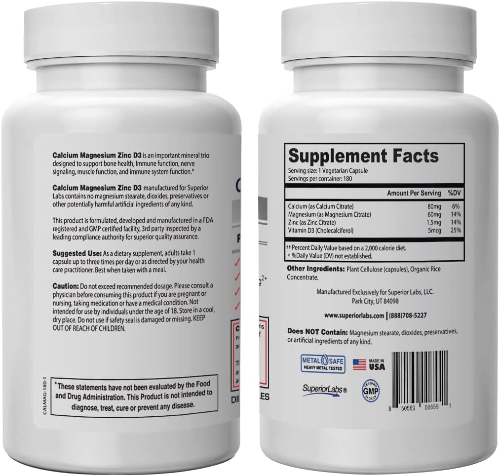 Superior Labs - Calcium Magnesium Zinc D3 - Essential Mineral Trio - 180 Vegetable Capsules - Healthy Bones & Teeth - Nerve Signaling - Muscle Function - Immune Support 3