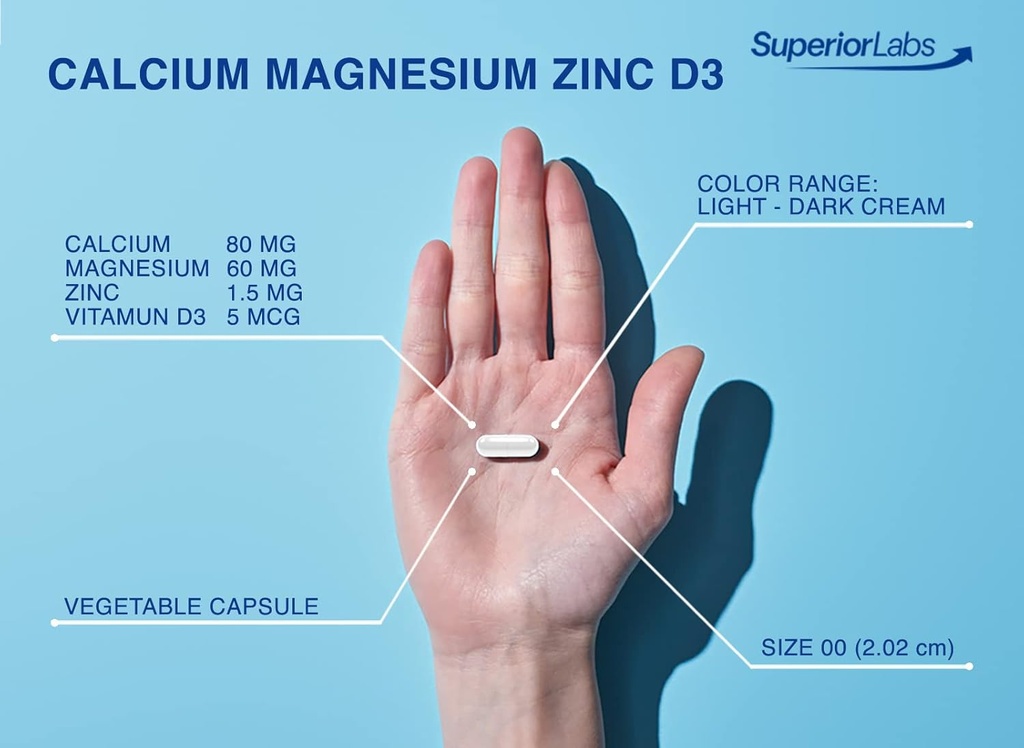 Superior Labs - Calcium Magnesium Zinc D3 - Essential Mineral Trio - 180 Vegetable Capsules - Healthy Bones & Teeth - Nerve Signaling - Muscle Function - Immune Support 4