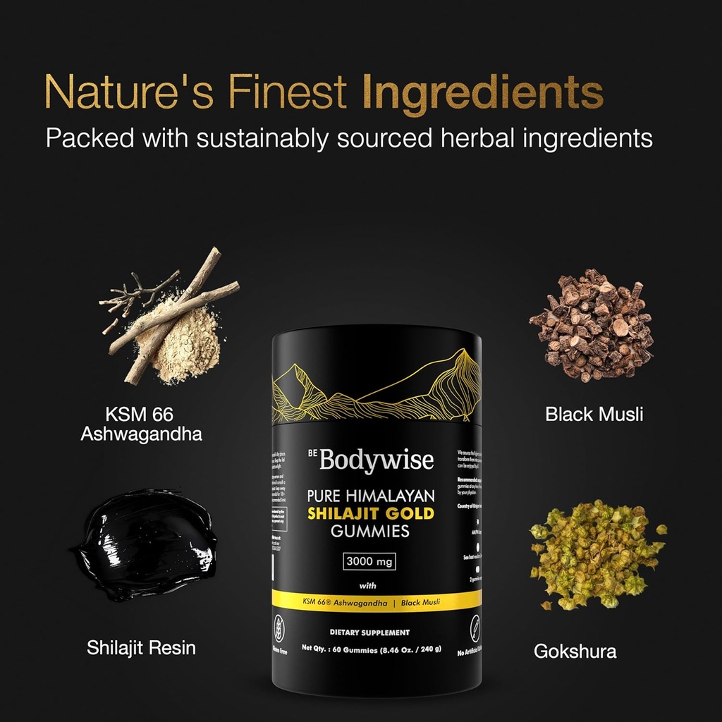 Be Bodywise Pure Himalayan Shilajit Gummies Gold I No Added Sugar I Ashwagandha, Gokshura| Fulvic Acid & 85+ Trace Minerals I for Men, Women I Non-GMO I 100% Natural & Organic I 120 Gummy I Pouch 3