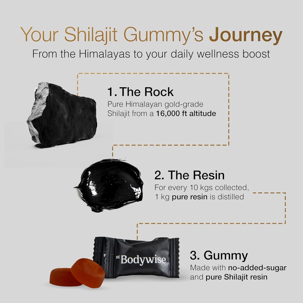 Be Bodywise Pure Himalayan Shilajit Gummies Gold I No Added Sugar I Ashwagandha, Gokshura| Fulvic Acid & 85+ Trace Minerals I for Men, Women I Non-GMO I 100% Natural & Organic I 120 Gummy I Pouch 4