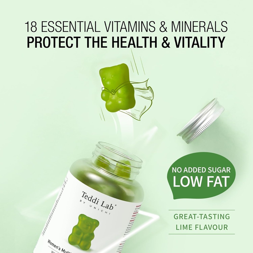 Unichi Women’s Multi-Nutrient Gummy, 18 Essential Vitamins & Minerals Specially Designed for Women, Non-GMO, Lime Flavour, 60 Count 4