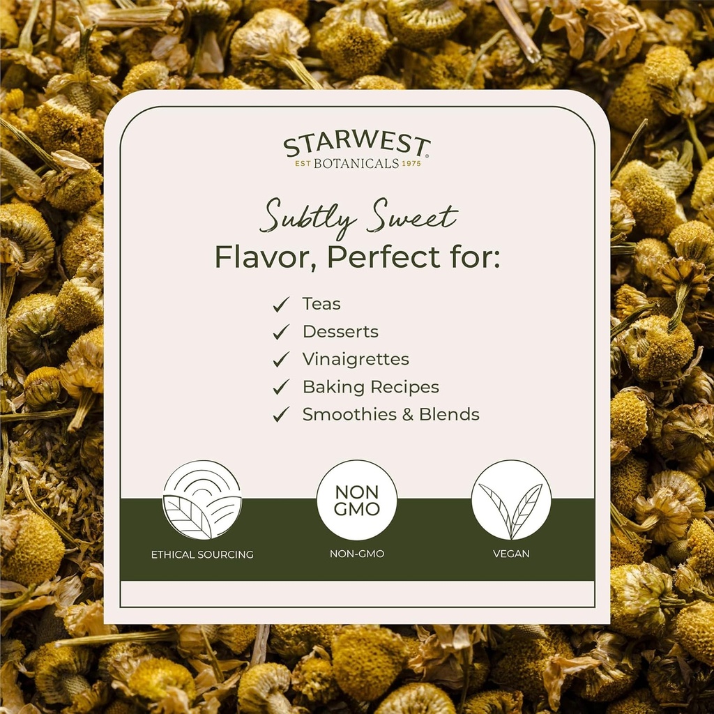 Starwest Botanicals Organic Chamomile Flowers Whole - Dried Loose Leaf Herb for Tea, Herbal Lotions, & Baking, Sourced from Egypt, Certified Kosher, Non-GMO - Bulk 1 lb Bag 4