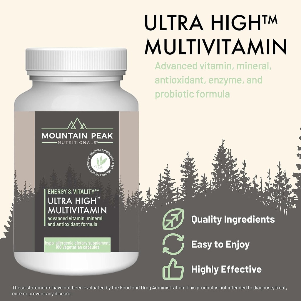 Mountain Peak Nutritionals Ultra High Multivitamin for Men & Women - with Vitamins A, B12, B6, C, D, E, Magnesium, Zinc, Folic Acid, Digestive Enzymes & Probiotics (180 Vegetarian Capsules) 3