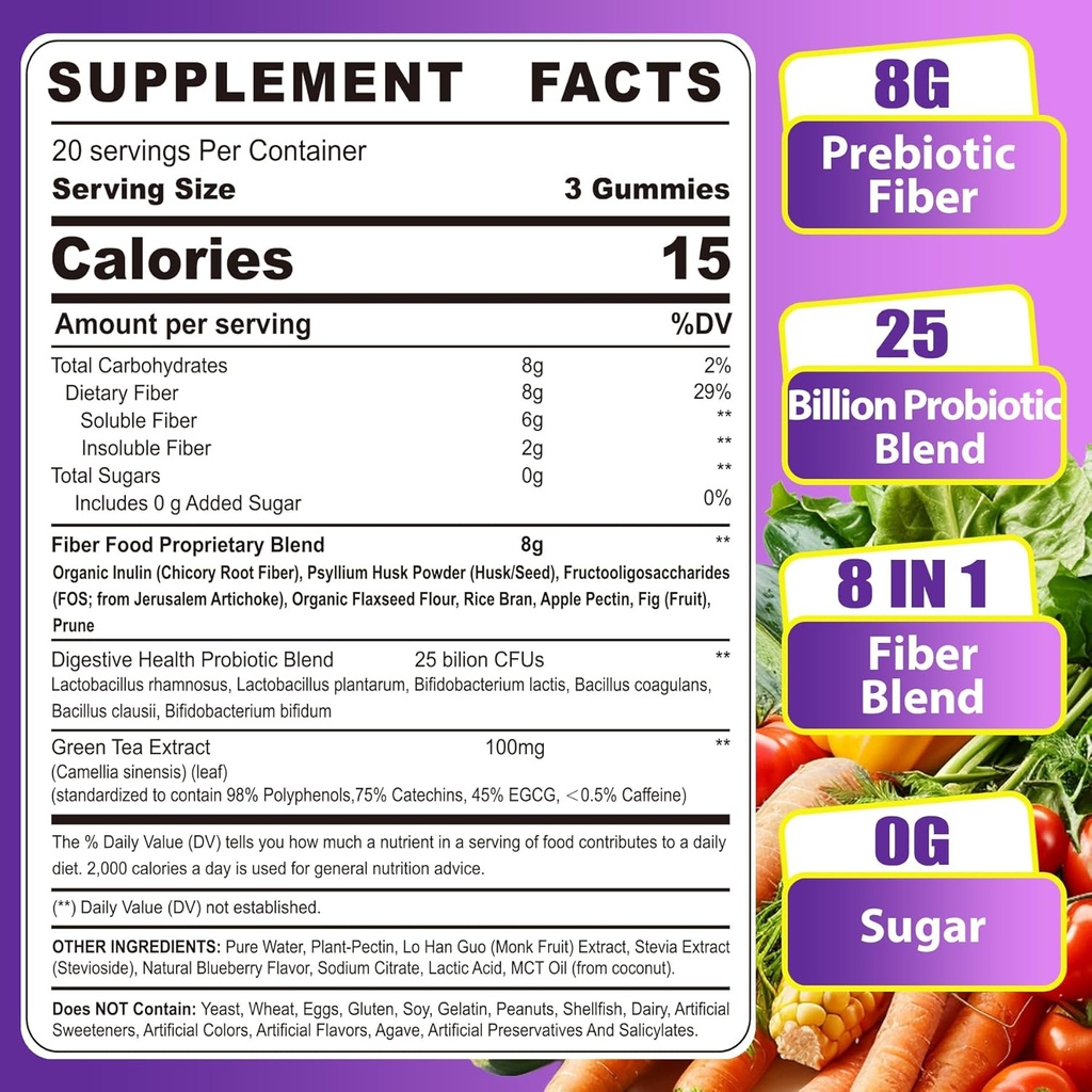 Fiber Gummies for Adults 8g (Inulin, Psyllium Husk, FOS More) with Probiotics, Green Tea Extract, Sugar Free Plant Based Fiber Supplement Blend for Digestive Health, Regularity, Non-GMO, Vegan, 120Cts 3