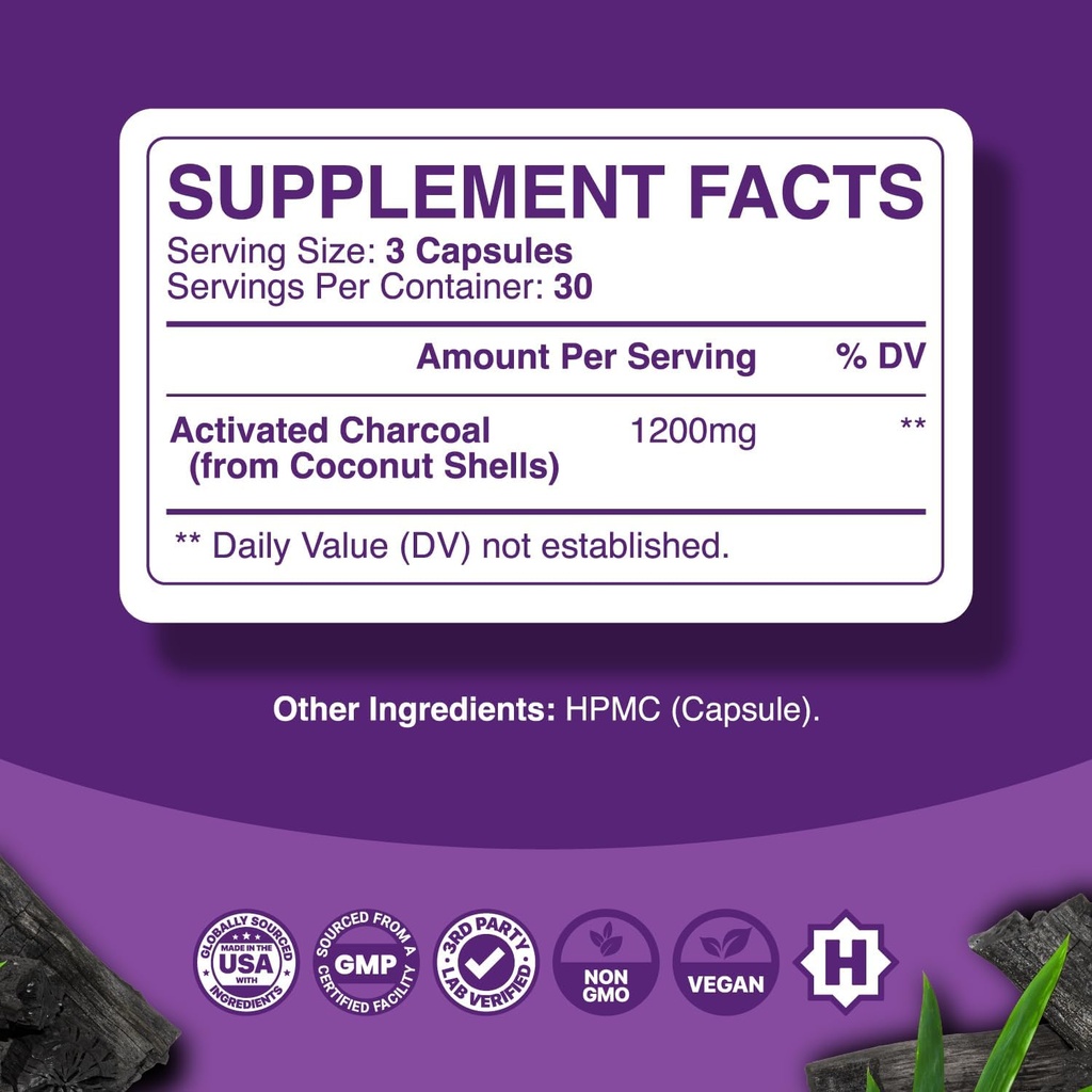 Activated Charcoal Pills Detox & Cleanse - Purifying Coconut Capsules with 1200 mg Per Serving for Bloating Relief - Active Detoxification Supplement for Body & Gut Health - 90 Count - 3 Pack 4