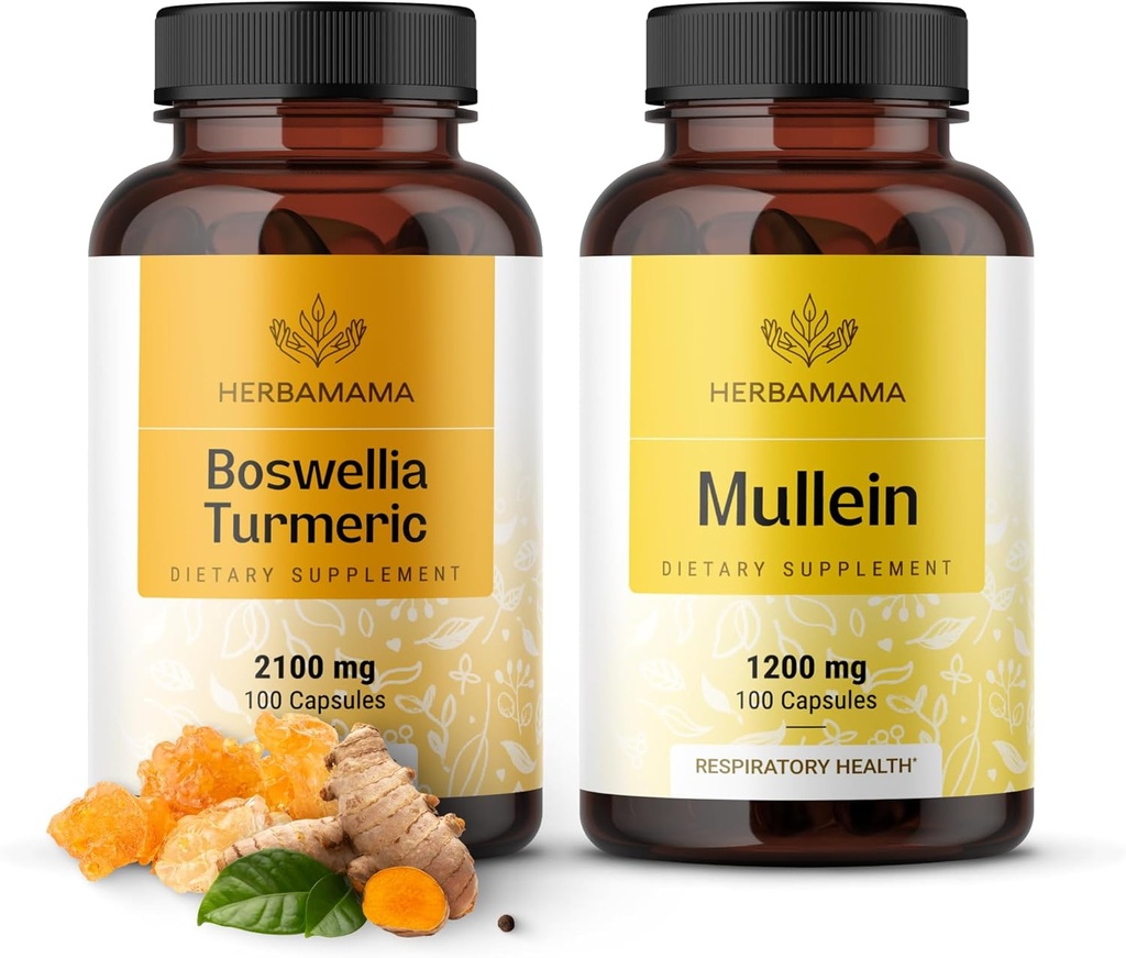 HERBAMAMA Boswellia Turmeric and Mullein Leaf Capsules Kit - Bundle of 2100 mg Boswellia Turmeric & 1200 mg Mullein Leaf Capsules - Vegan, Non GMO, Gelatin-Free - 2 Pack 2