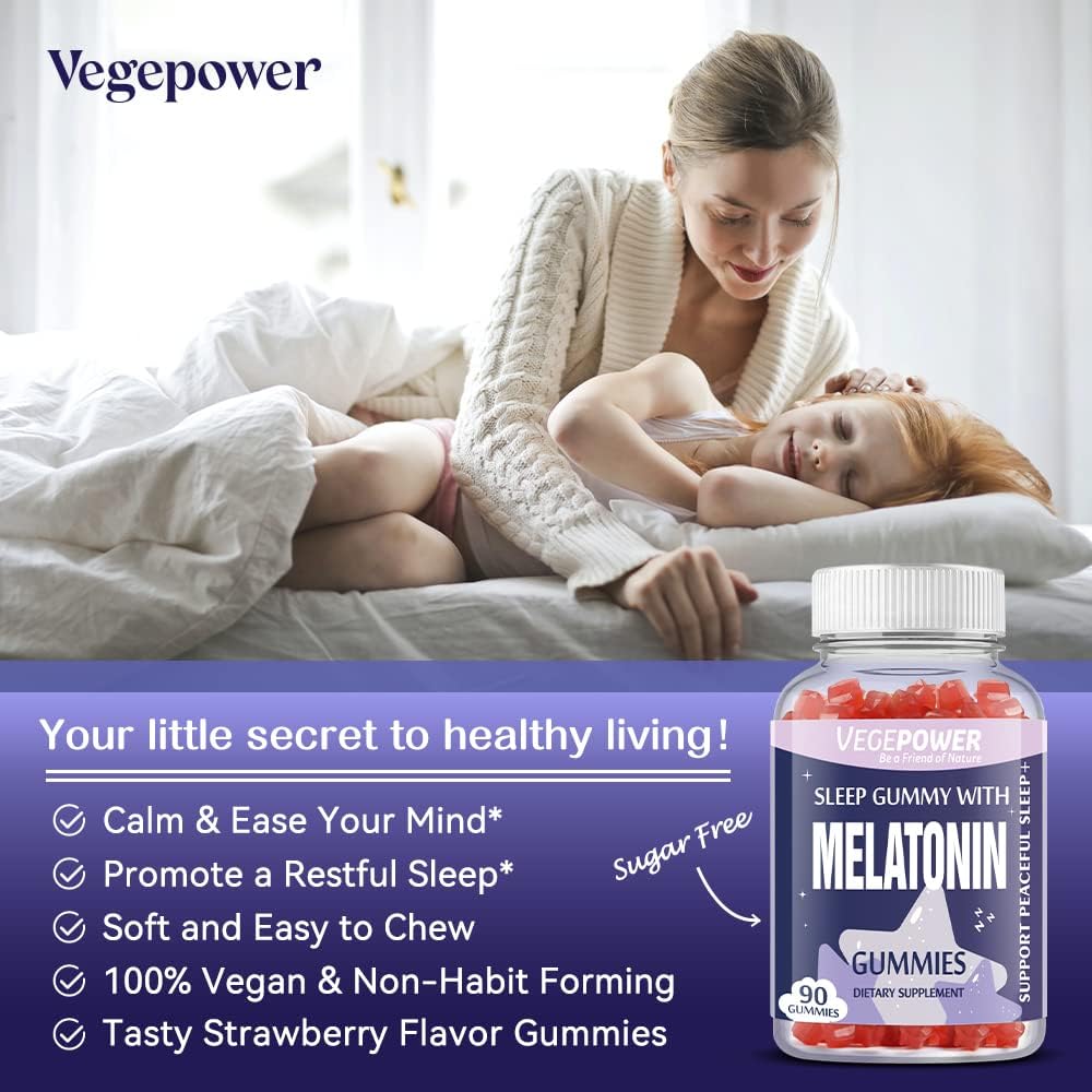 Melatonin Gummies 1mg for Kids (Sugar-Free) - Sleep Gummies with Vitamin B6 and Passionflower for Fall Asleep Faster, Vegan, Non-GMO, Strawberry Flavored 90 Count 4