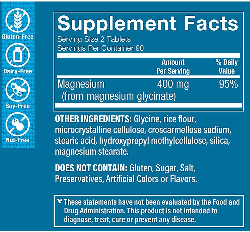 The Vitamin Shoppe Magnesium Glycinate 400MG - High-Absorption Formula to Support Energy Production, Promote Muscle Relaxation, and Enhance Heart Health for Overall Wellness (180 Tablets) 4