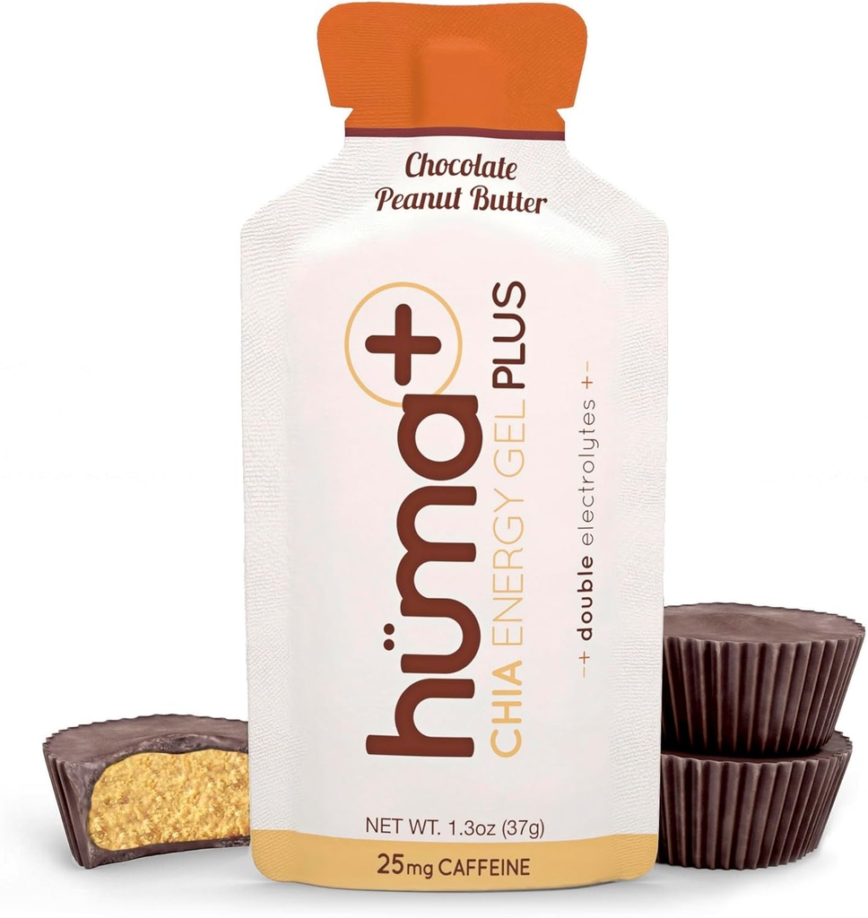 Huma Plus (Double Electrolytes) - Chia Energy Gel, Chocolate Peanut Butter, 12 Gels - Stomach Friendly, Real Food Energy Gels