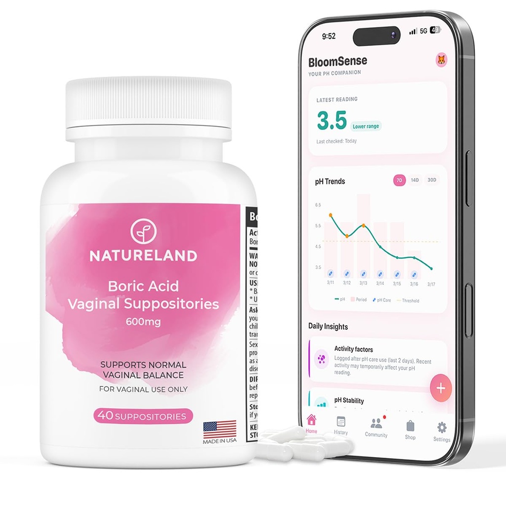 Natureland Boric Acid Vaginal Suppositories for Women 600mg - 40 Count - Made in USA - Feminine Care for pH Balance & Odor Control - Intimate Health Support - with BloomSense App