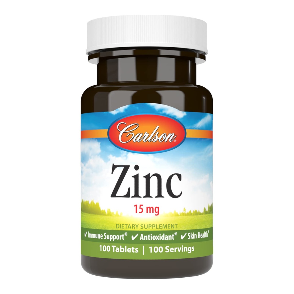 Carlson Zinc, 15 mg, Zinc Supplement, Zinc Gluconate, 100 Tablets | Skin Health; Optimal Wellness; Zinc Tablets
